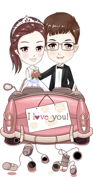 Just Married Couple Cartoon Car PNG image