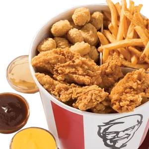 K F C Chicken Bucket Fries Sauces PNG image