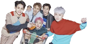 K Pop_ Group_ Fun_ Shopping_ Cart_ Pose PNG image