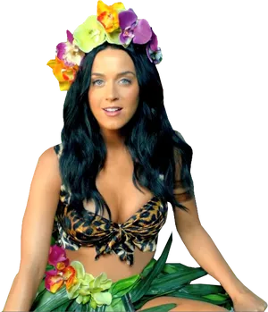 Katy Perry Floral Crown Tiger Print Bikini PNG