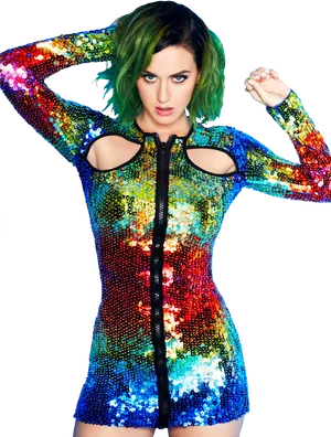 Katy Perry Green Hair Sequin Dress PNG