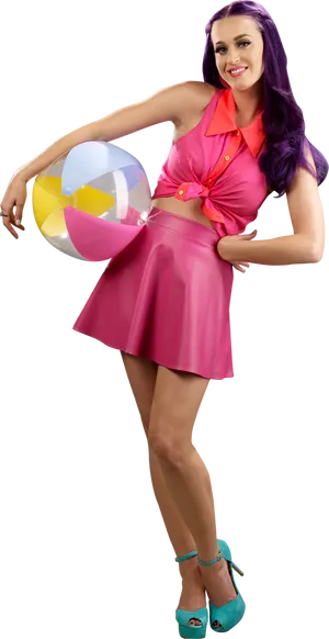 Katy Perry Pink Dress Beach Ball Pose PNG
