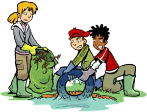 Kids Cleaning Up Environment Illustration PNG image