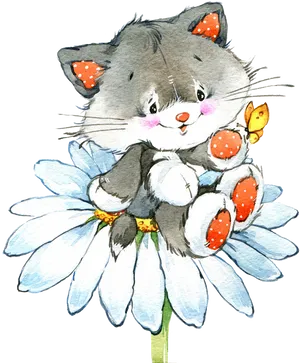 Kitten_on_ Daisy_with_ Butterfly.png PNG image