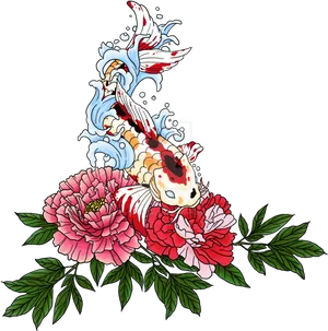 Koi Fishand Peony Illustration PNG