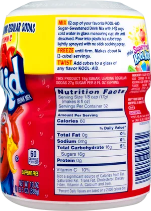 Kool Aid Container Nutrition Label PNG image