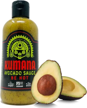Kumana Avocado Sauce Bottle With Fresh Avocado PNG image