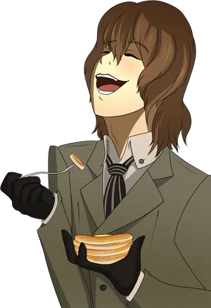 Laughing Anime Character Holding Pancakes PNG image