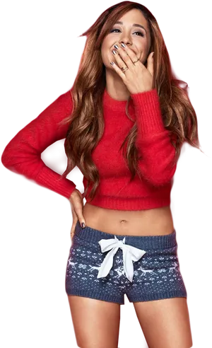 Laughing Womanin Red Sweaterand Shorts PNG image