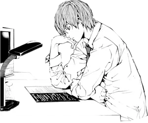 Light Yagami Contemplatingat Desk PNG image