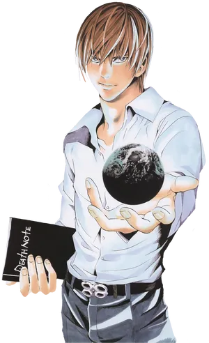 Light Yagami Holding Death Noteand Earth PNG image