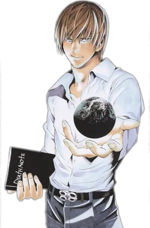 Light Yagami Holding Death Noteand Earth PNG image
