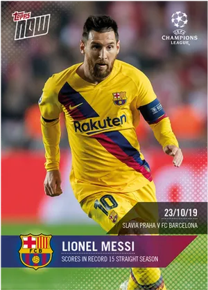 Lionel Messi F C Barcelona Yellow Kit Topps Now Card PNG image