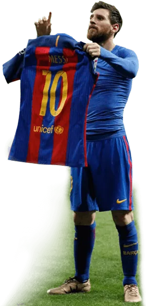 Lionel Messi Holding Barcelona Jersey PNG image