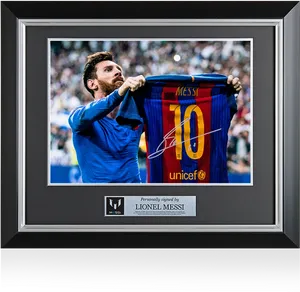 Lionel Messi Signed Jersey Display PNG image
