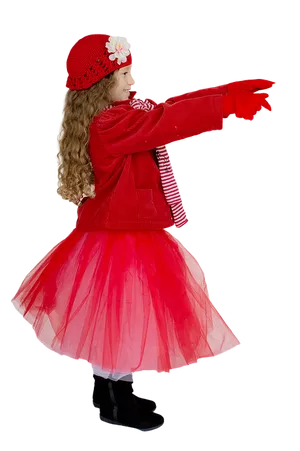 Little Girl Red Christmas Outfit Pointing
