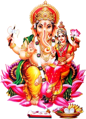 Lord Ganeshand Goddess Lakshmion Lotus PNG image
