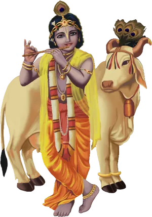 Lord Krishna Playing Flute With Cow PNG image