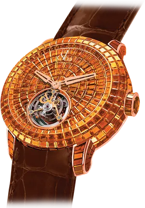 Luxury Skeleton Watch Brown Strap PNG image