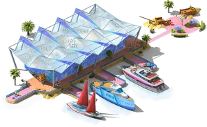Luxury Yacht Near Futuristic Resort.png PNG image