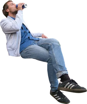 Man Drinking Beverage While Sitting Invisible Chair PNG image