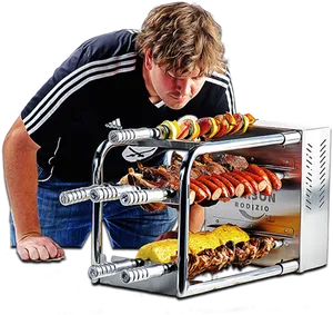 Man Inspecting Tabletop Rodizio Grill PNG image