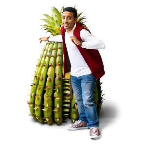 Man Leaningon Giant Pineapple PNG