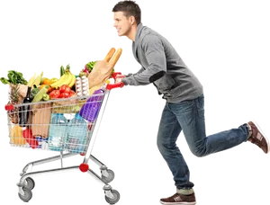 Man Pushing Full Shopping Cart PNG image