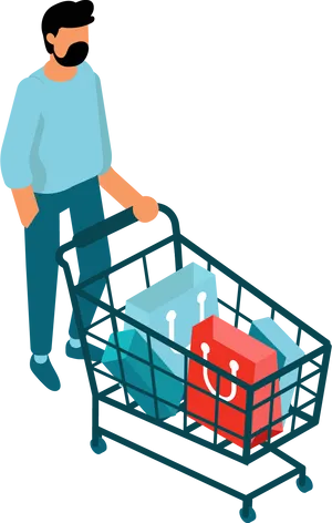 Man Pushing Shopping Cart Illustration