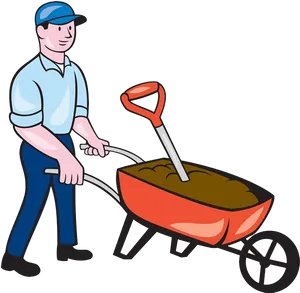 Man Pushing Wheelbarrow Cartoon PNG image