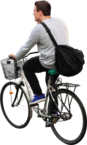 Man Riding Bicycle With Basketand Bag