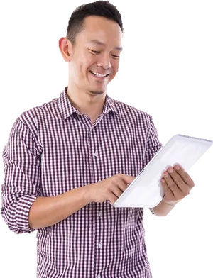 Man Smiling Using Whitei Pad PNG image