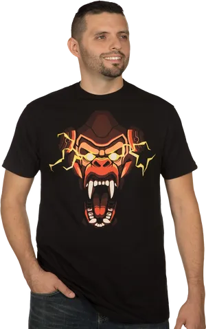 Man Wearing Fierce Monster Graphic Tee PNG image