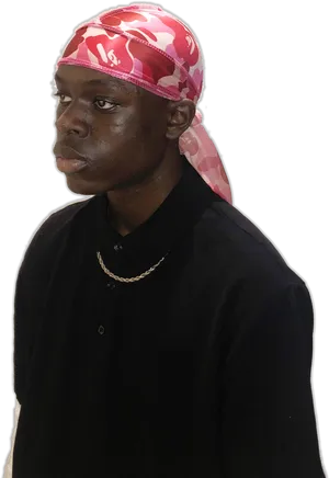 Man Wearing Pink Camouflage Durag PNG image