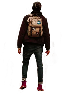Man With Backpack Standing Against Black Background PNG image