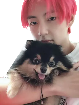 Man_with_ Pink_ Hair_and_ Pomeranian_ Dog PNG image