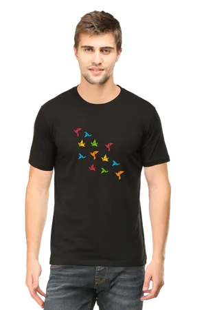 Manin Black Tshirtwith Colorful Bird Print PNG image