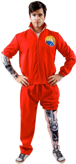 Manin Red Tracksuitwith Bionic Leg Tattoo PNG image