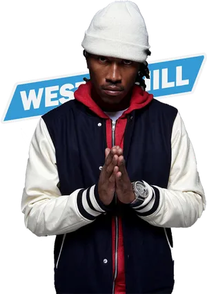 Manin White Beanieand Varsity Jacket PNG image