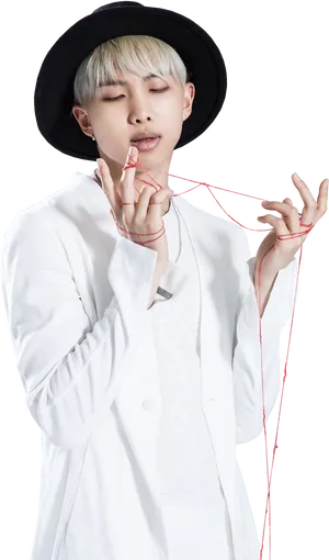 Manin Whitewith Black Hatand Red String PNG image