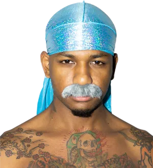 Manwith Blue Sparkly Duragand Tattoos PNG image