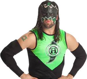 Masked Wrestlerin Greenand Black Attire PNG image