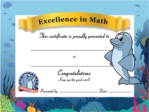 Math Excellence Certificate Dolphin Theme PNG image