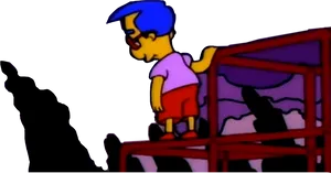 Melancholic Cartoon Character Standingon Bed PNG image