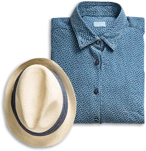 Mens Blue Patterned Shirtand Straw Hat PNG image