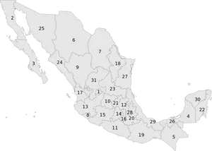Mexico Numbered Regions Map PNG image