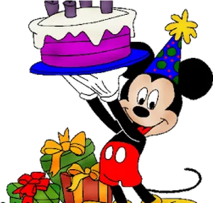 Mickey Mouse Celebrating Birthdaywith Cakeand Gifts PNG image