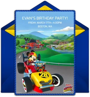 Mickey Mouse Racing Birthday Invitation PNG