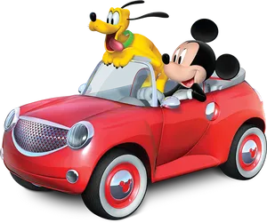 Mickeyand Pluto Driving Red Car PNG image