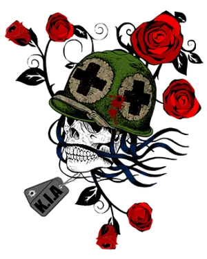 Military Skullwith Rosesand Dog Tag
